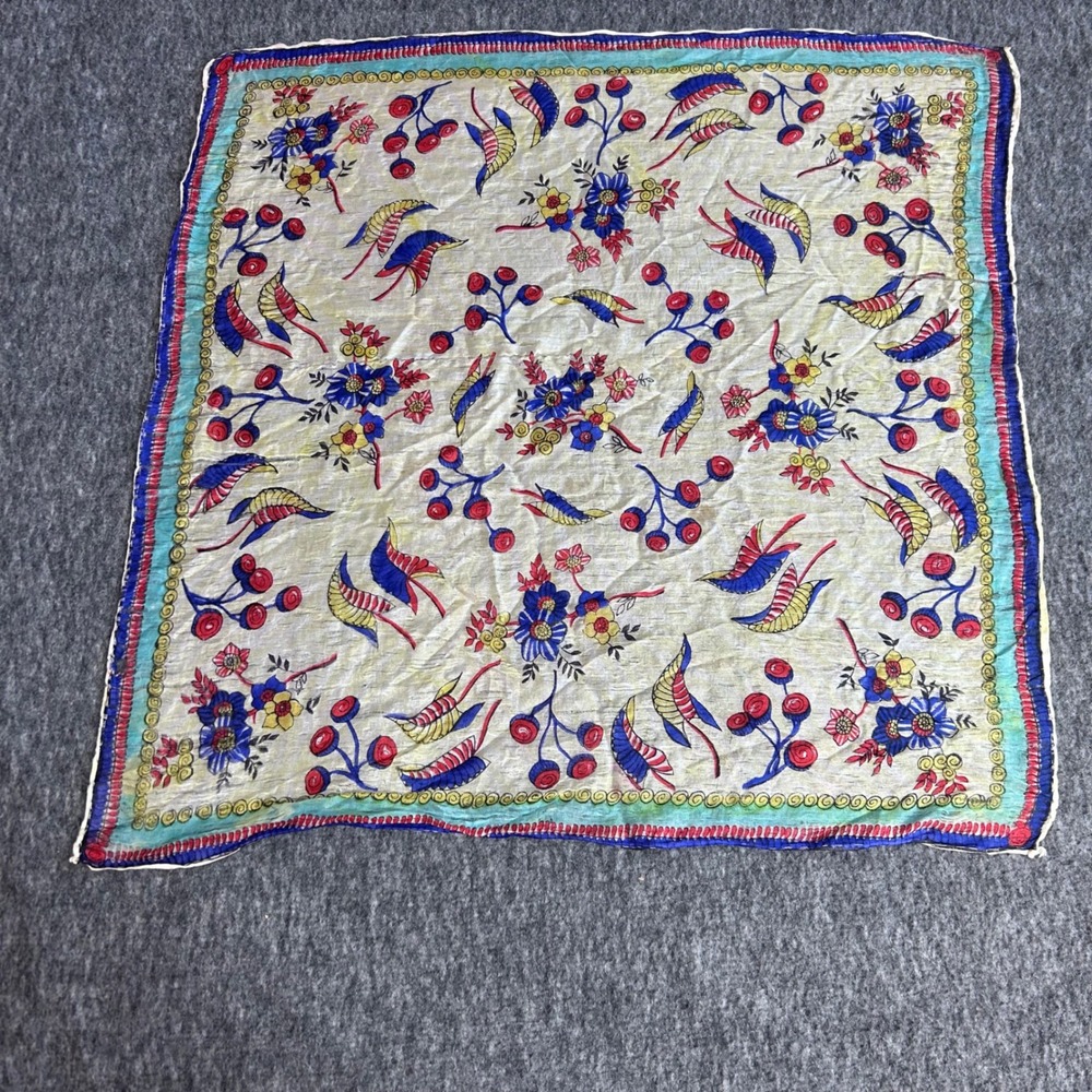 Vintage Silk Floral Bird Wing Square Scarf Champagne Red Blue 16.5in Hand Rolled